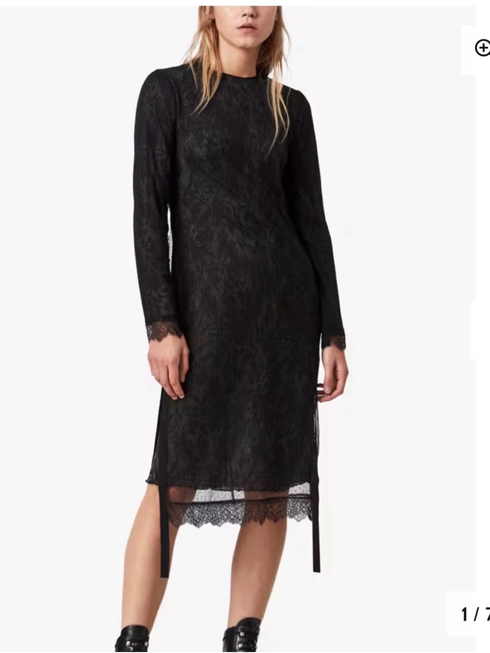 AllSaints Black Lace Long-Sleeve Midi Dress with Scalloped Hem